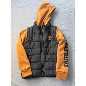 Timberland Layered Hoodie Vest Kids 7/8 Youth M Black Tan Orange Fall Winter